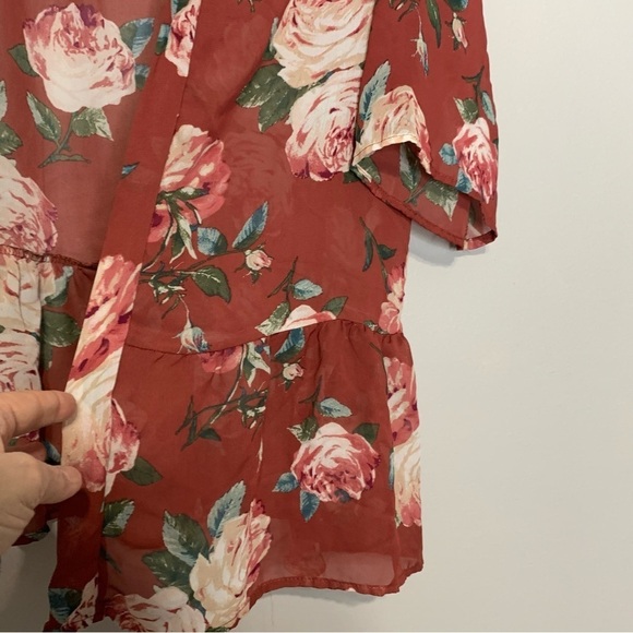 Vision sheer ruffle‎ hemmed sheer floral rust/maroon cardigan kaftan Size M - Picture 3 of 4